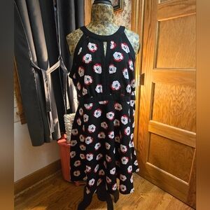 Elle Black Midi Dress with Red and White Floral Print